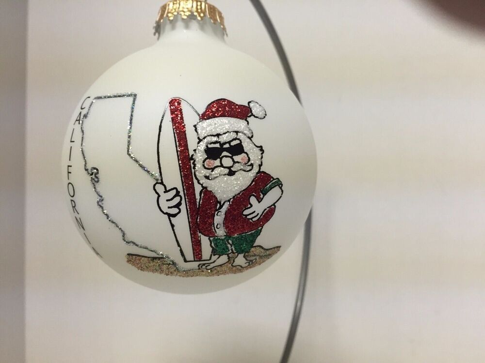 California Surfer Santa Glass Ornament - Hand Painted by Heart Gifts Made in USA